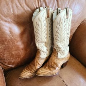 Dan Post Leather Cream and Brown Distressed Cowboy Boots, 7C